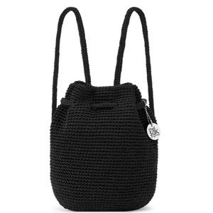 THE SAK Black Crochet Bucket Bag Backpack Drawstring Tote Purse
